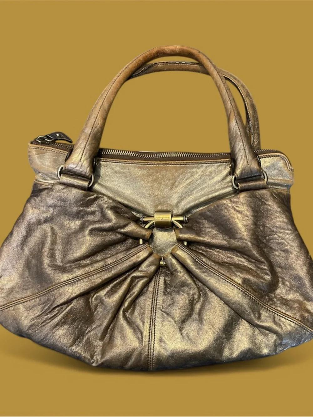 Salvatore Ferragamo Metallic Bronze Gathered Shoulder Bag